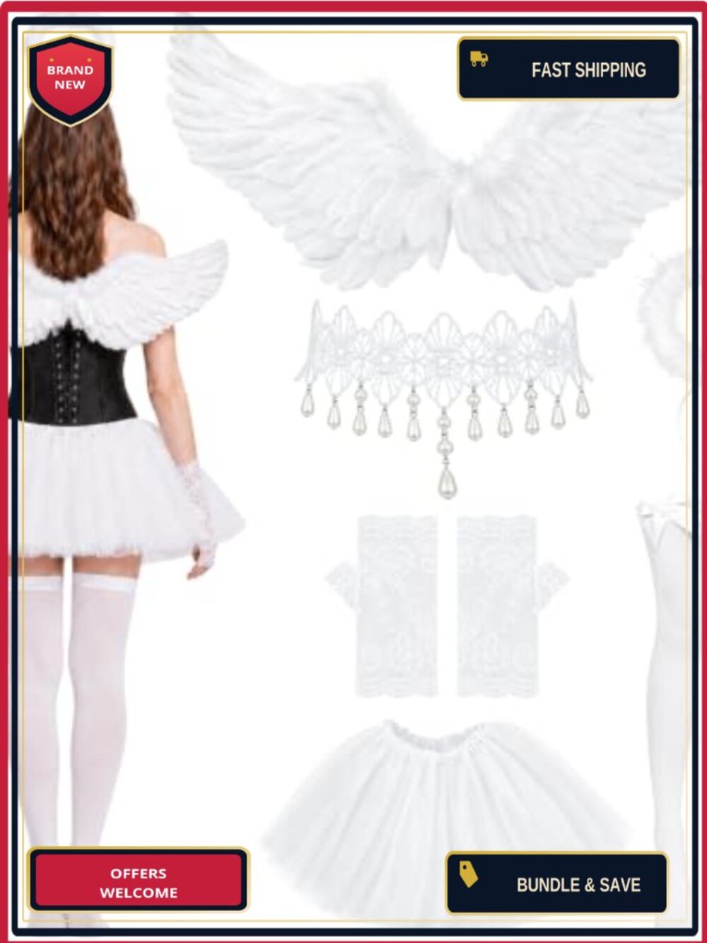 Angel Wings Costume Set 6 Pc Halo Tutu Choker Gloves Socks Women